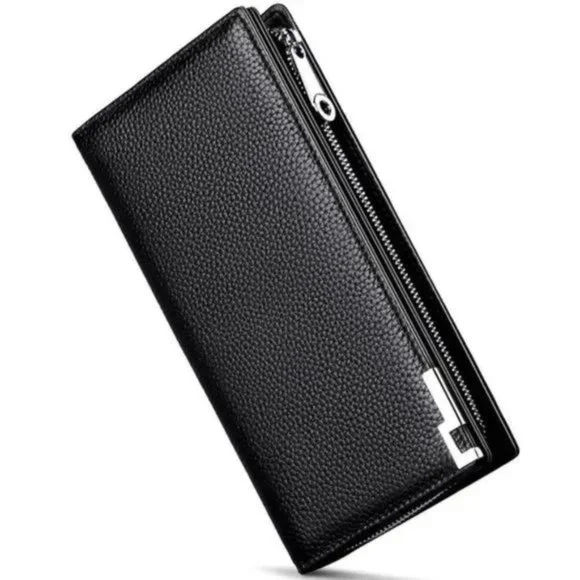 New Long Black Leather Wallet for Men Zippered Leather Wallet RFID - Picture 8 of 12